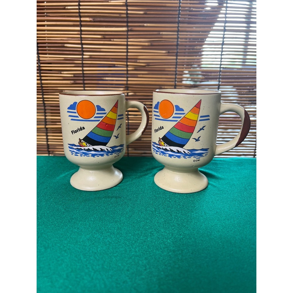 Vintage Florida Sailboat Mugs Set of 2 Retro Rainbow Speckled Stoneware Pedestal